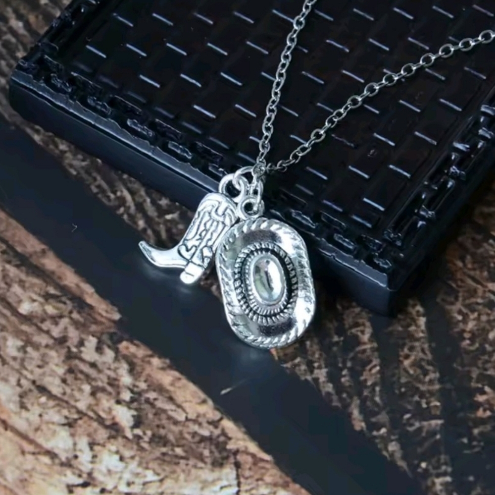 Silver Western Cowboy Hat & Boot Necklace Dainty Coastal Cowgirl Jewelry - Picture 6 of 12
